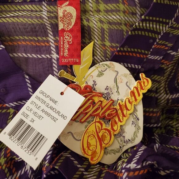 NEW! Apple Bottoms Plaid Chiffon Ruffle Blouse - size 3X in Purple - Picture 10 of 11